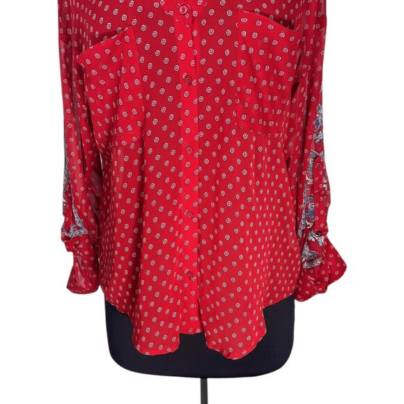 Free People Women’s M Red Bandana Paisley Easy Rider Sheer Chiffon Button Shirt - Picture 8 of 10
